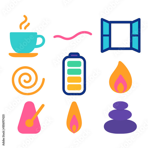 Wellbeing Icon Set. Wellbeing Energy Set flat icon set: restorative cup, gentle motion line, body battery gauge, open window, slow breath swirl, rhythm marker, steady flame