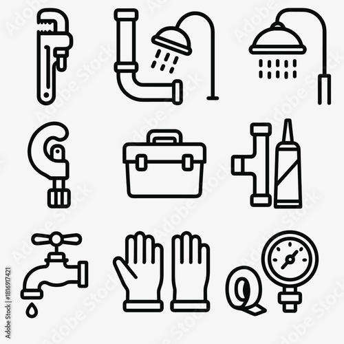 Plumbing Tools Icons. Plumbing Tools & Repair linear icon set. pipe wrench, PVC pipe, shower head, water meter, pipe cutter, toolbox, T-joint, sealant tube, tap, gloves, repair