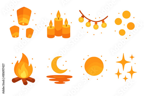 Enchanting Evening Icons. Evening Celebration Ambience flat icons set. floating lanterns, candle cluster, string garland, glowing orbs, firelight, moon reflection, warm glow, star