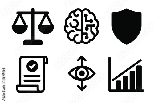 AI Ethics Icon Set. AI Ethics silhouette icon set: balanced scale, AI brain, ethical code document, shield icon, transparency symbol, fairness graph