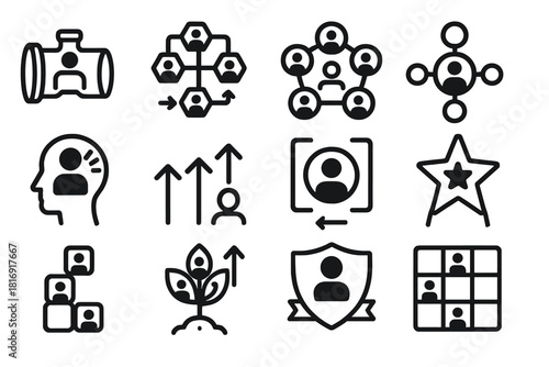 Organizational Talent Icons. Organizational Talent Icons linear icon set: talent pipeline, capability map, strength cluster, skill network, potential assessment icon, alignment