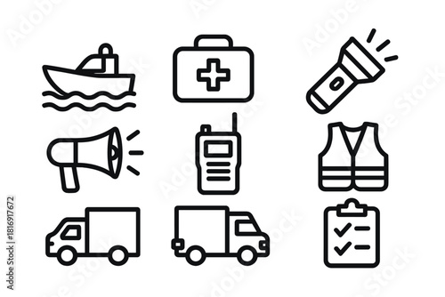 Emergency Icons Set. Emergency Response linear icon set. rescue boat, first aid kit, flashlight, megaphone, radio, safety vest, truck, checklist
