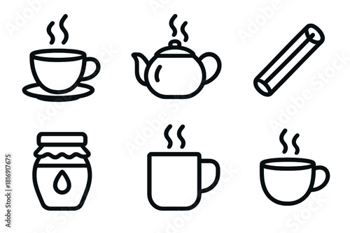 Warm Drink Icons. Warm Drinks linear icon set. coffee cup, tea pot, steam, cinnamon stick, honey jar, mug