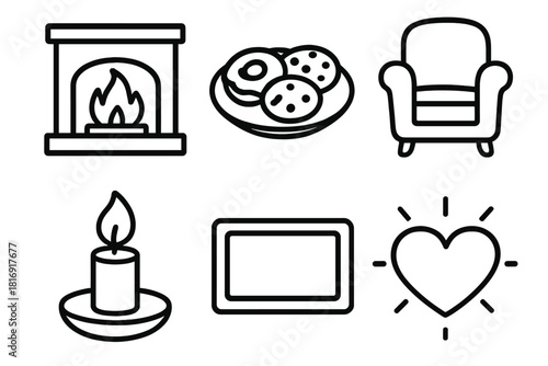 Cozy Fireplace Icons. Inviting Warmth linear icon set : fireplace, plate with treats, cozy armchair, candle flame, welcome mat, heart glow