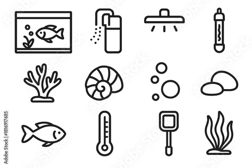 Aquarium Essentials Icons. Home Aquarium Setup linear icon set: tank, filter, light, heater, coral, shell, bubble, stone, fish, thermometer, net, seaweed