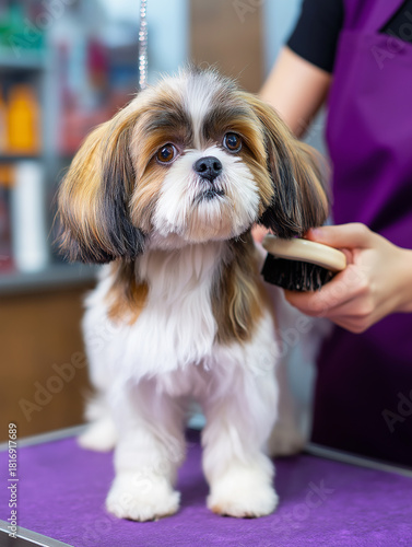 Shih Tzu dog is being groomed at a pet salon. Groomer holds a brush as they work.