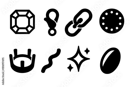 Bold Jewelry Icons. Jewelry Details silhouette icon set: gemstone cut, clasp, chain link, bead, setting prong, engraving line, jewel sparkle, polished surface