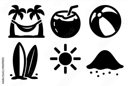 Tropical Icon Set. Tropical Escape silhouette icon set: hammock, coconut, beach ball, surfboard, sunshine, sand