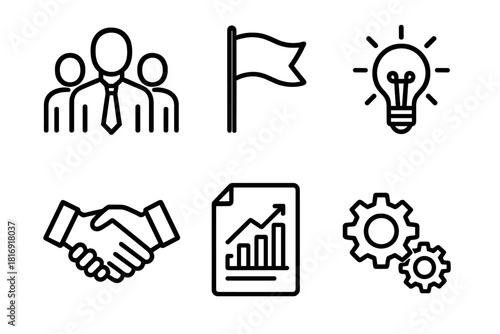 Leadership Icon Series. Leadership motivation linear icon set. leader figure, flag, light bulb, handshake, document chart, gears.
