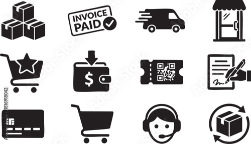 Ecommerce and online shopping icons set featuring various symbols like delivery, payment, customer service, product management, and retail transactions for digital business solutions