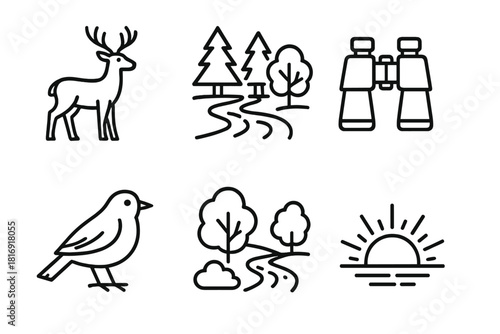 Wildlife Reserve Icons. Wildlife Reserve linear icon set. deer, forest, stream, binoculars, bird, tree, path, sunrise