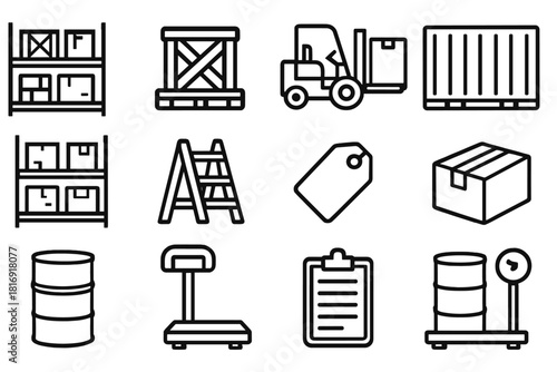 Warehouse Storage Icons. Warehouse Storage Rack linear icon set. pallet rack, crate, forklift, container, box, shelving unit, ladder, label tag, package, barrel, scale, clipboard