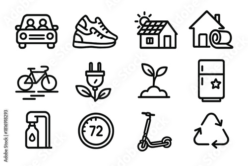 Sustainable Living Icons. Sustainable Living Actions linear icon set: carpool, walking shoes, solar roof, home insulation, bike path, green power plug, plant sapling, energy star