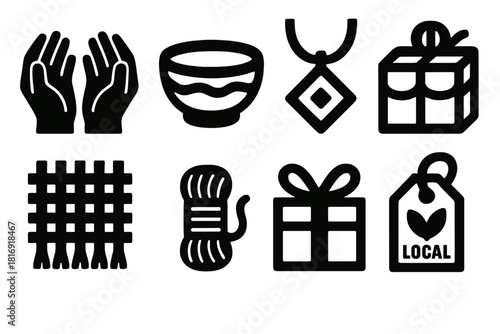 Craft Market Icons. Local Craft Markets silhouette icon set: artisan hands, handmade bowl, woven cloth, pendant necklace, booth awning, embroidery thread, gift box, local logo tag