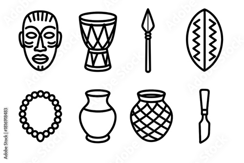 Traditional Artifacts Icons. Traditional Artifacts linear icon set: wooden mask, drum, spear, shield, bead necklace, clay pot, woven basket, carving tool