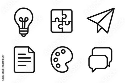 Creative Icons Collection. Creative synergy linear icon set. light bulb, puzzle piece, paper plane, color palette, document, chat bubbles.