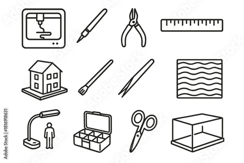 Miniature Design Tools. Miniature Design Studio linear icon set. 3D printer, small tools, scale ruler, architectural model, micro brush, precision tweezers, texture paper, scale