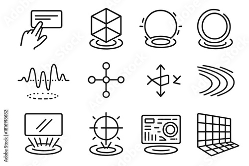 Virtual Interface Elements. Virtual Display Elements linear icon set: hand motion, floating panel, holographic cube, glowing circle, digital waveform, control node, 3D icon