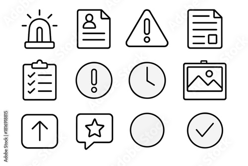 Incident Reporting Icons. Incident Reporting Systems Elements Set linear icon set: alert beacon, incident form, warning triangle, report sheet, checklist board, hazard icon