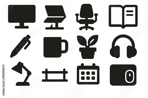 Brutalist Workspace Icons. Remote workspace silhouette icon set. monitor, laptop stand, ergonomic chair, notebook, pen, mug, plant, headphones, lamp, shelf, calendar, mouse pad