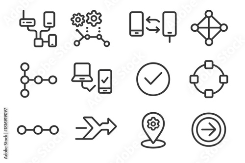 Device Integration Icons. Device Integration Solutions Set linear icon set: integrated hub, linking path, synced devices, data mesh, workflow line, system connection, pairing mark