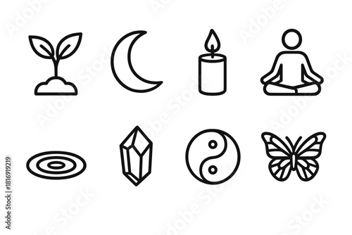 Holistic Harmony Icons. Holistic Living linear icon set: plant sprout, moon, candle, meditation pose, water ripple, crystal, harmony icon, butterfly