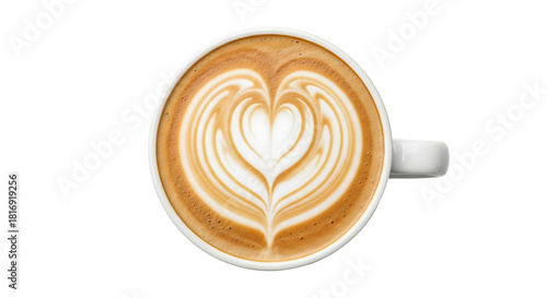 Top view of a delicious latte with beautiful heartshaped latte art isolated on a clean white background.