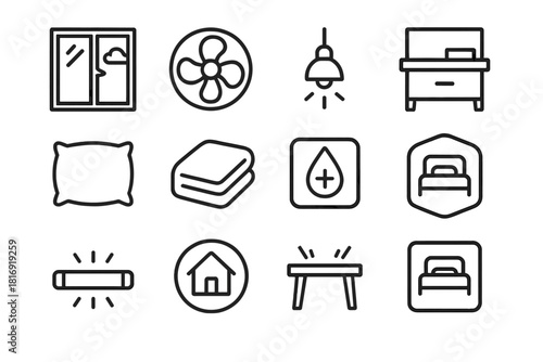 Sleep-Enhancing Icon Set. Sleep-Conducive Space Kit linear icon set: fresh air window, cooling fan icon, dim ambience symbol, minimal clutter zone, soft texture pillow, comfort
