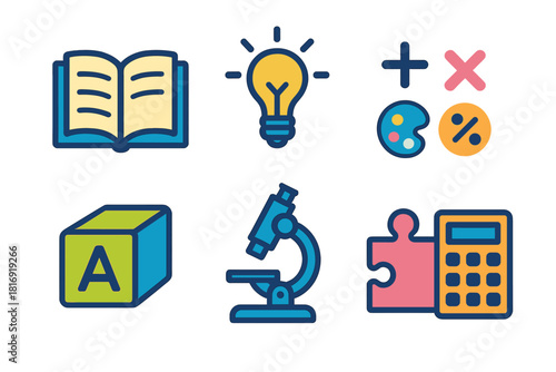Education Icons Collection. School Learning flat icon set: open book, lightbulb, math symbols, alphabet block, microscope, paint palette, puzzle piece, calculator