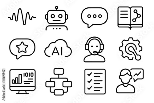 AI Support Icons. AI Assistance linear icon set. speech wave, robot face, typing dots, knowledge base, feedback star, cloud AI icon, help desk, automation gear, data screen