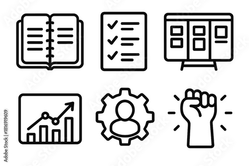 Labor Day Icons. Labor Day Growth Tools Set linear icon set: planner, checklist, task board, performance chart, skill gear, motivation symbol