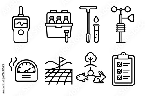 Environmental Survey Icons. Environmental Field Survey linear icon set: air sensor, water testing kit, soil probe, weather station icon, pollution gauge, landscape grid, ecosystem