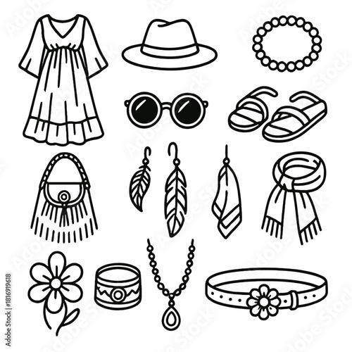 Bohemian Fashion Icons. Bohemian fashion linear icon set. flowy dress, hat, beads, sandals, fringe bag, sunglasses, feather earring, scarf, bracelet, necklace, belt, flower