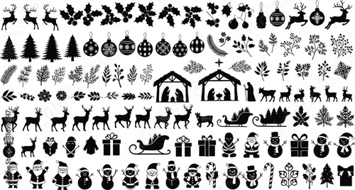 christmas silhouette bundle with festive icons, holiday elements, winter decorations, reindeer, ornaments, santa, snowman collection