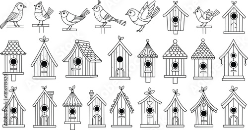 Cute hand drawn birds and decorative birdhouses collection, black outline illustration set for design projects
