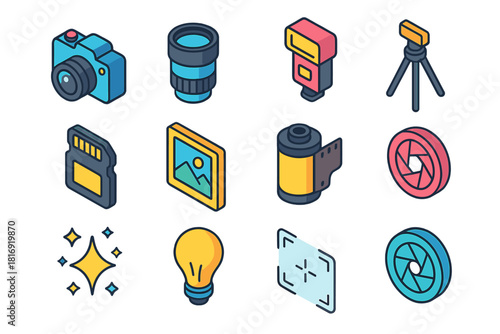 Isometric Photography Icons. Photography Basics flat icons set. camera, lens, flash, tripod, memory card, photo frame, film roll, aperture, viewfinder, shutter, sparkle, light bulb