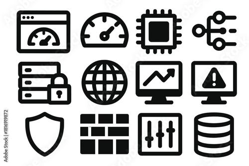 Bold Performance Icons. System Performance silhouette icon set. dashboard screen, speed gauge, CPU chip, data flow, secure server, network globe, performance chart, alert monitor