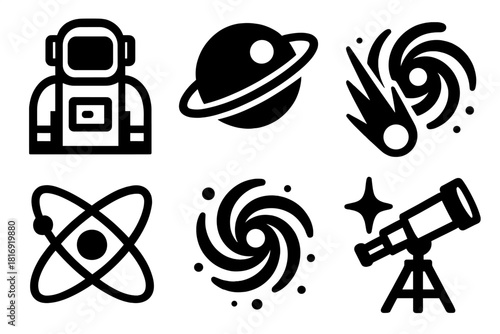 Cosmic Radiation Icons. Cosmic Radiation silhouette icon set. astronaut, planet, cosmic ray, galaxy, orbit line, particle swirl, star, telescope.