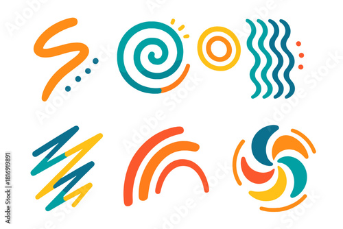Dynamic Movement Icons. Creative Movement Set flat icon set: expressive stroke, spiraling form, expanding rings, pattern shift, dynamic arc, rhythm line, rotating shape, motion