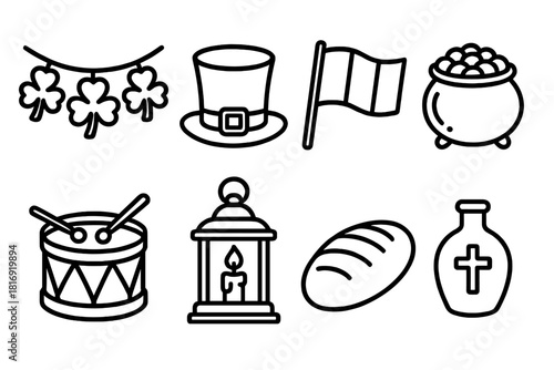 St. Patrick's Icons. St. Patrick’s Day Preparations linear icon set: shamrock garland, green hat, Irish flag, pot of gold, drum, lantern, bread loaf, holy water