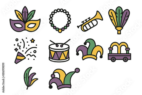 Mardi Gras Icon Fest. Mardi Gras Celebration linear icon set. colorful mask, bead necklace, trumpet, feather fan, confetti burst, drum, jester hat, street parade float