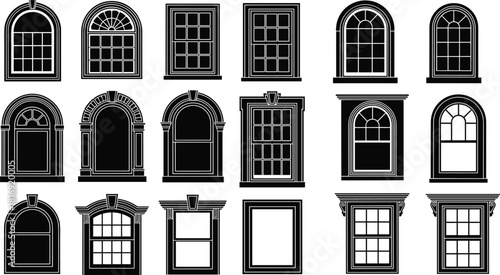 Vintage window frame collection featuring classic architectural designs, decorative shapes, ornate borders, traditional styles, illustration set
