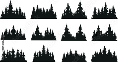 Forest tree silhouette collection with evergreen pine shapes, woodland landscape elements, nature illustration set, vector pack