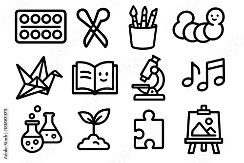 Creative Learning Icons. Creative Learning at Home linear icon set: watercolor palette, craft scissors, paintbrush cup, clay model, origami paper, storybook, microscope, music