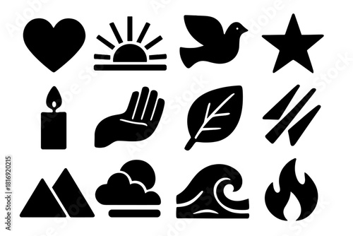Inspirational Icon Set. Emotional Inspiration silhouette icon set. heart, sunrise, dove, star, candle, open hand, leaf, light beam, mountain, sky, wave, flame. , .