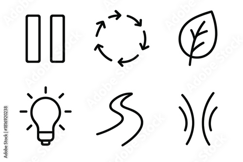 Stress Relief Icons. Labor Day Stress Relief Set linear icon set: pause icon, breathing circle, nature leaf, soft light, unwind path, tension-release lines