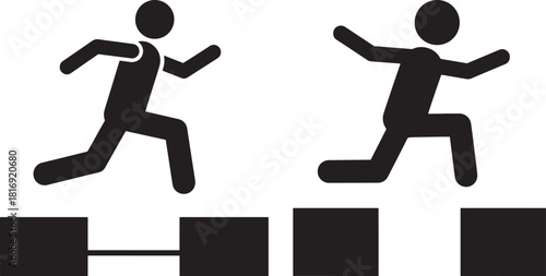 Two runners in silhouette over obstacles silhouette