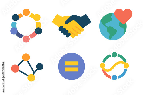 Workforce Diversity Icons. Workforce Diversity Essentials flat icon set: group circle, handshake, heart icon, globe, unity loop, connection nodes, equal sign, dialogue bubble