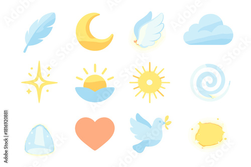 Celestial Icon Set. Sky Harmony flat icon set : feather, moon, glowing wing, cloud, starlight, sunrise, radiant aura, soft swirl, light beam, heart, peace dove, golden glow