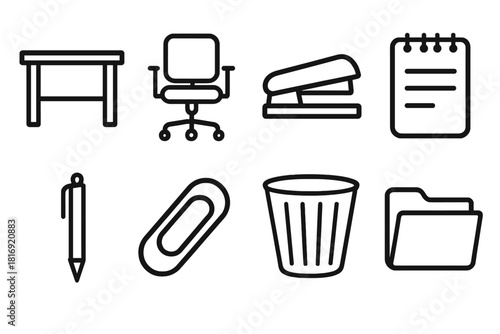 Office Supplies Icons. Office Essentials linear icon set: desk, office chair, stapler, notepad, pen, paper clip, waste bin, file folder